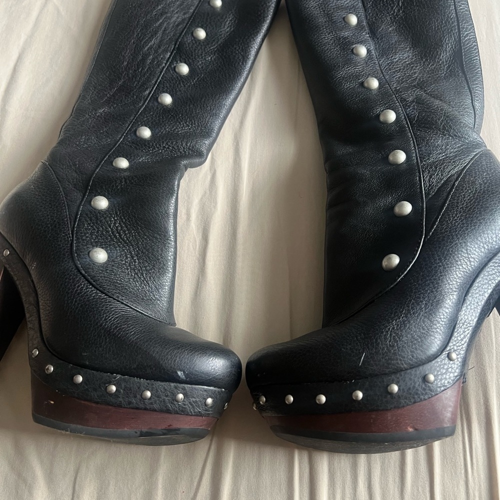 UGG Black Leather Stud-Detail Mid-Calf Heeled Boots - Picture 3 of 7
